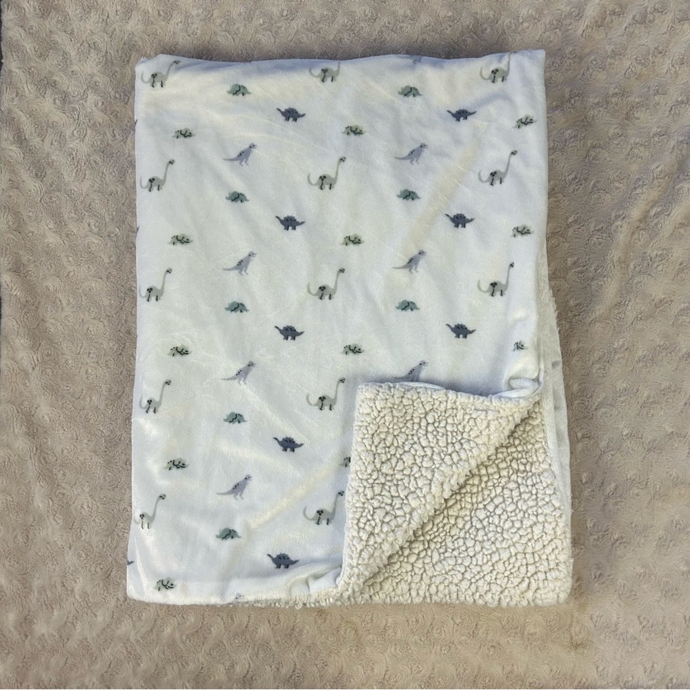 Badgley Mischka Dinosaur Baby Blanket Gray White Green Sherpa Security Lovey
